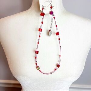 Genuine Glass Red Cube Necklace & Earring Set NWT